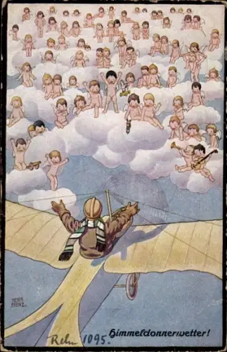 Künstler Ak Frenz, H., Himmeldonnerwetter, Engel, Himmel, Pilot, Flugzeug