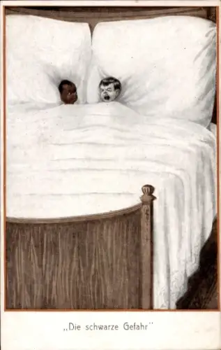 Künstler Ak Schwarze Gefahr, hellhäutiges und dunkelhäutiges Kind im Bett