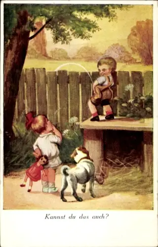 Ak Pinkelnder Junge, Mädchen, Hund, Puppe