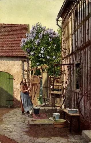 Ak Photochromie, Frau, Baum, Wohnhaus, Eimer