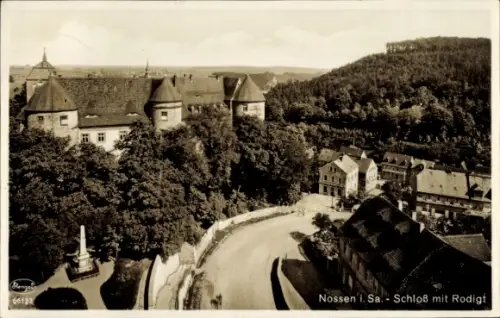 Ak Nossen in Sachsen, Gebäude mit runden Türmen, kurvige Straße, Obelisk/Denkmalsäule, dichte Bäu