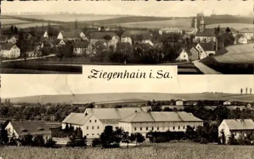 Ak Ziegenhain Nossen in Sachsen, Dorfpanorama mit Kirchturm, Wohnhäusern, Baumreihen, Feldern, gr