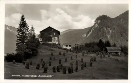 Ak Krimml in Salzburg, Gasthaus auf Hügel, zahlreiche stehende Heustöße in Reihen, Nadelbäume, Be