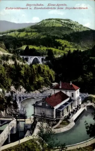 Ak Klaus an der Pyhrnbahn Oberösterreich, Elektrizitätswerk und Eisenbahnbrücke beim Steyrdurchbruch