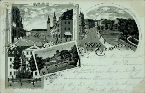 Mondschein Litho Chemnitz in Sachsen, Markt, Saxoniabrunnen, Markthalle