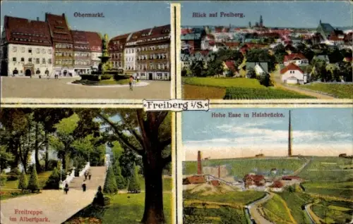 Ak Freiberg in Sachsen, Obermarkt, Hohe Esse in Halsbrücke, Freitreppe im Albertpark