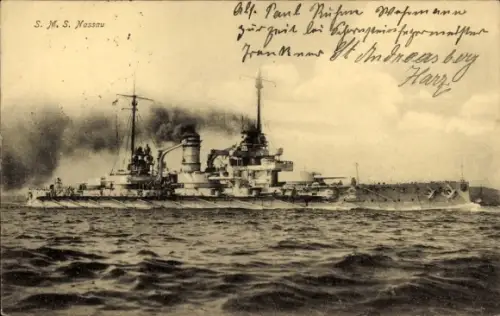 Ak Deutsches Kriegsschiff, SMS Nassau, Großlinienschiff, Kaiserliche Marine
