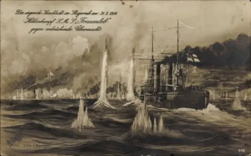 Künstler Ak Seeschlacht, Heldenkampf S.M.S. Frauenlob