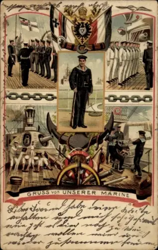 Litho Deutsche Seeleute, Kaiserliche Marine, Kriegsschiff, Geschütze