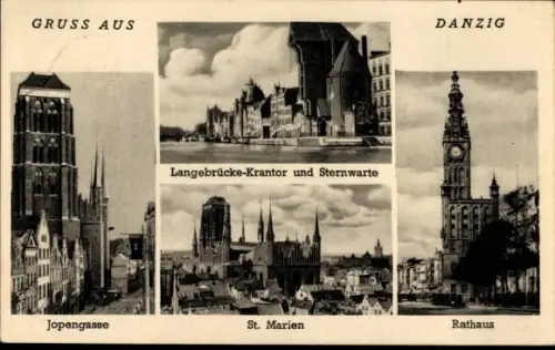 Ak Gdańsk Danzig, Langebrücke-Krantor, Sternwarte, Jopengasse, St. Marien, Rathaus, Danzig