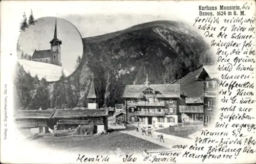 Ak Davos Monstein Kanton Graubünden, Kurhaus Monstein, Davos, 1624 m ü. M., Kirche Monstein (Kirc