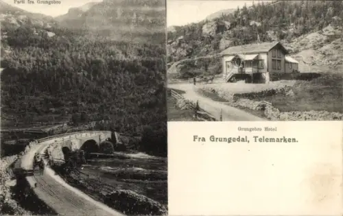 Ak Telemarken Norwegen, Parti fra Grangebro, Grangebro Hotel, Grungedal, Telemarken