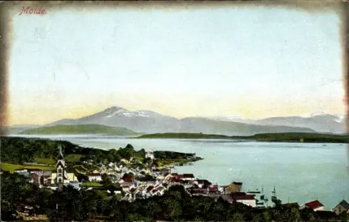 Ak Molde Norwegen,  Stadtansicht, Fjord, Kirche, Berge