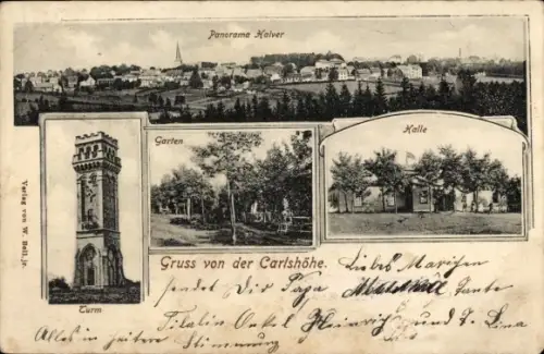 Ak Halver in Westfalen, Panorama, Turm auf der Carlshöhe, Garten, Halle