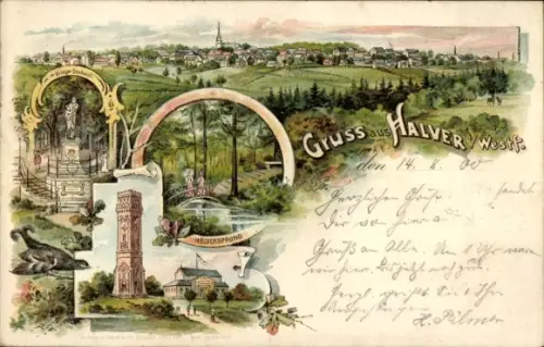 Litho Halver in Westfalen, Hälversprung, Kriegerdenkmal, Totalansicht, Turm
