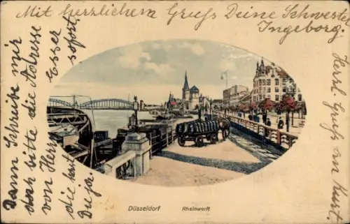 Präge Passepartout Ak Düsseldorf am Rhein, Rheinwerft, Pferdefuhre mit Waren, Promenade, Brücke