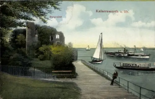 Ak Kaiserswerth Düsseldorf am Rhein, Burgruine,  Rhein, Dampfer, Segelboot, Uferpromenade
