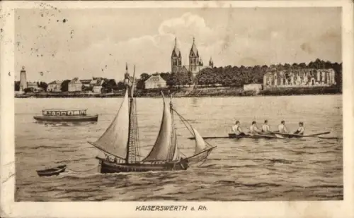 Ak Kaiserswerth Düsseldorf am Rhein,  Rhein, Rheinufer, Segelschiff, Ruderboot, St. Suitbertus