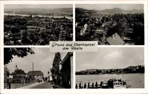 Ak Oberkassel Düsseldorf am Rhein,  Rheinufer mit Fähre, Ortsstraße mit Kirche, Stadtpanorama