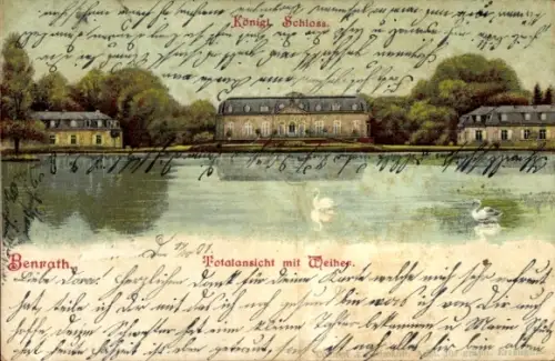 Ak Benrath Düsseldorf am Rhein, Benrath, Totalansicht mit Weiher, Königl. Schloss
