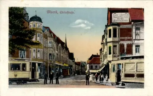 Ak Moers am Niederrhein, Steinstraße, Geschäft Krüger und Oberbeck Importe, Straßenbahn