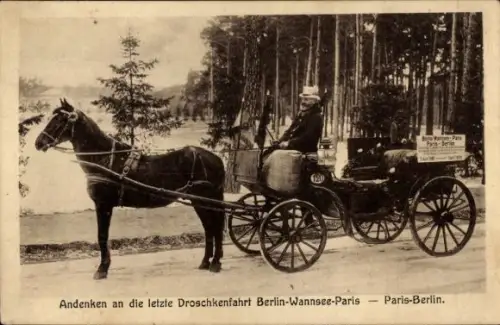 Ak Berlin Zehlendorf Wannsee, Die letzte Droschkenfahrt Berlin-Wannsee-Paris, Kutscher, 1928