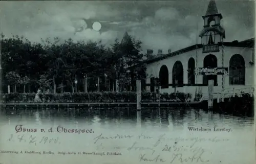 Mondschein Ak Berlin Treptow Niederschöneweide, Oberspree, Wirtshaus Loreley