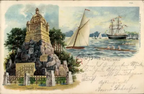 Litho Berlin Grünau, Sport-Denkmal, Segelboot, Ruderboote