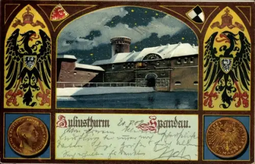Wappen Litho Berlin Spandau, Juliusturm, Winter, Münze, Kaiser Wilhelm II.