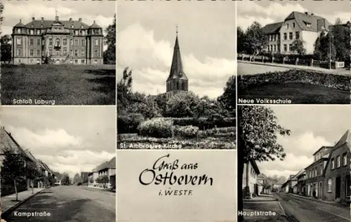 Ak Loburg Ostbevern im Münsterland, Schloß Loburg, St. Ambrosius-Kirche, Neue Volksschule, Kampst
