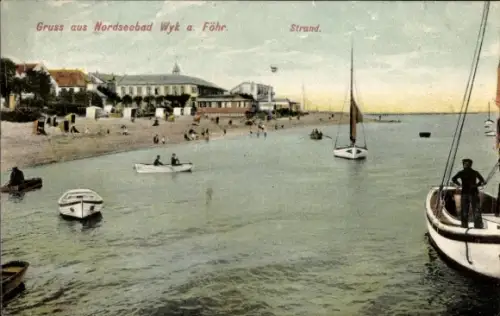 Ak Südstrand Wyk auf Föhr Nordfriesland, Nordseebad  Strand, Segelboote, Ruderboote, Strandkörbe