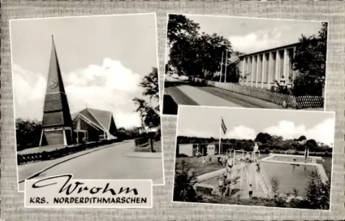 Ak Wrohm in Dithmarschen,  Krs. Norderdithmarschen, Kirche mit spitzem Turm, Säulen-Gebäude, Frei