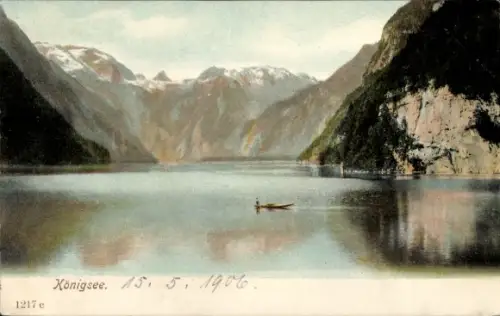 Ak Königsee Königssee in Bayern, Panorama, Boot auf dem Wasser
