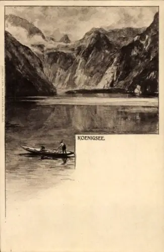 Künstler Ak Königsee Königssee in Bayern, Panorama, Boot