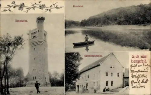 Ak Lengefeld Sangerhausen, Moltkewarte, Gemeindeschenke, Kunstteich