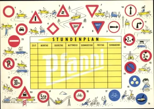 Stundenplan Reklame Pfanni, Verkehrsschilder, Straßenzeichen um 1960