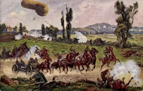 Künstler Ak Maubeuge Nord, Schlacht, Militärballon, Armee des Generalfeldmarschall von Bülow
