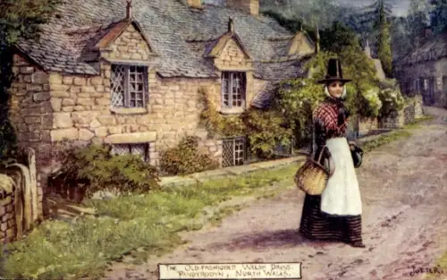 Künstler Ak Wales, Junge Frau in Tracht, Haus