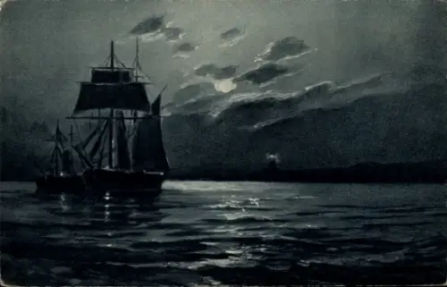Mondschein Ak Segelschiff, Mond