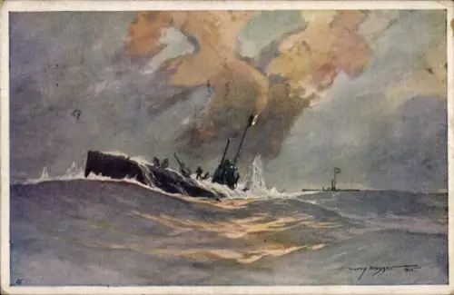 Künstler Ak Heusser, Harry, Vernichtung des ital. Unterseebootes Nereide durch österr. ungarisches