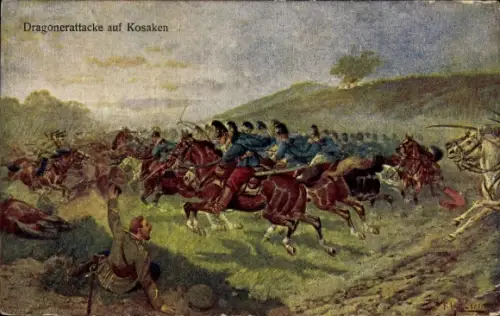 Künstler Ak Dragonerattacke auf Kosaken, Schlachtfeld