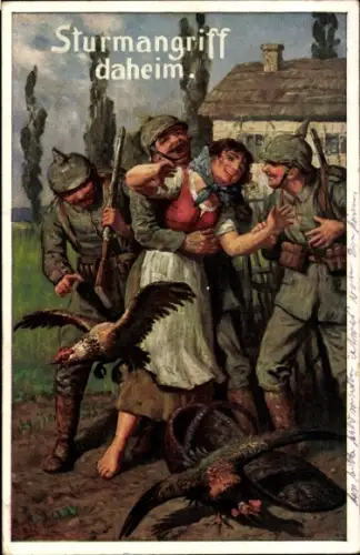 Künstler Ak Sturmangriff daheim, Soldat umarmt Frau, Hühner