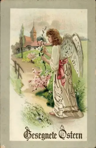 Litho Gesegnete Ostern, Engel, Weidenkätzchen
