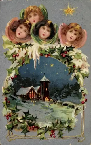 Präge Ak Glückwunsch Weihnachten, Engel, Dorfpartie, Stechpalme, Tuck 136