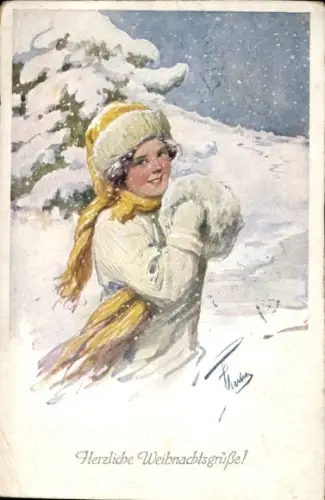 Künstler Ak Frohe Weihnachten, Junge Frau