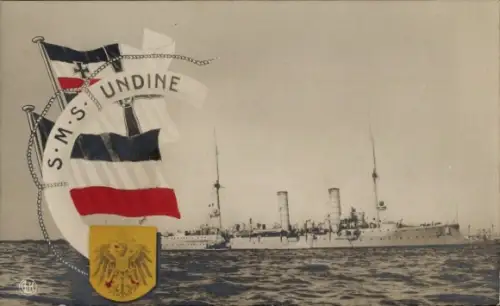 Ak Deutsches Kriegsschiff, SMS Undine, Kaiserliche Marine, Fahnen, Wappen, GLK