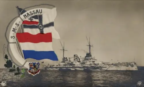 Ak Deutsches Kriegsschiff, SMS Nassau, Kaiserliche Marine, Fahnen, Wappen, NPG, GLK