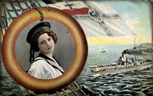 Ak Deutsches Kriegsschiff, Frau in Matrosenuniform, Fahne