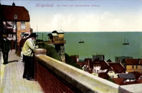 Ak Nordseeinsel Helgoland,  elektrischer Aufzug, Promenade, Küstenblick, Segelschiffe