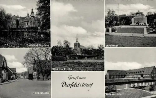 Ak Darfeld Rosendahl in Westfalen, Schloss, Ehrenmal, Volksschule, Kirche
